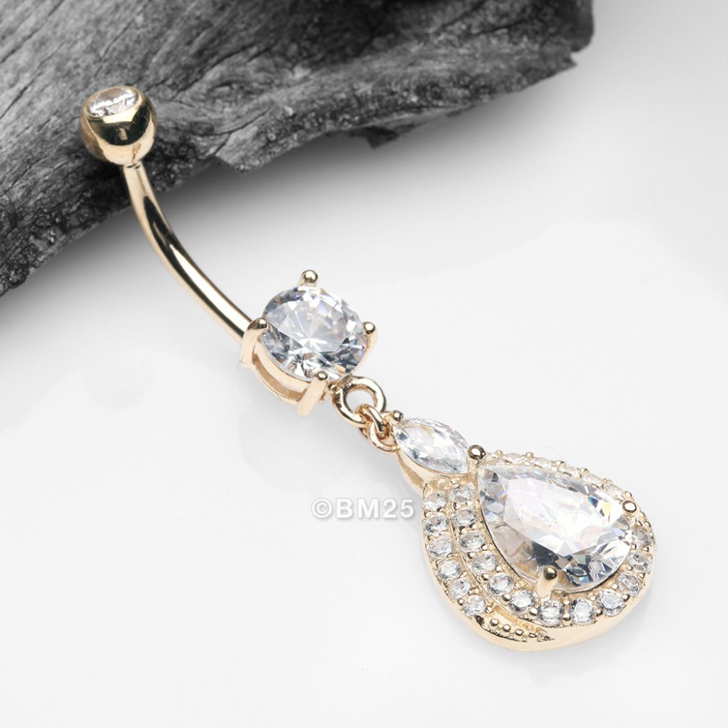 14 Karat Gold Triple Tiered Magnificent Sparkles Teardrop Belly Button Ring 405$